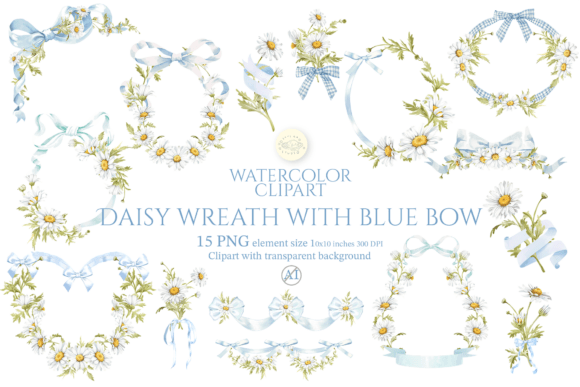 Download Daisy Wreath with Blue Bow Clipart Set - Wreath Collection