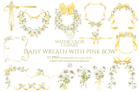 Download Watercolor Daisy Wreath with Yellow Bow - Wreath Collection