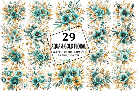 Download Aqua &amp; Gold Floral Bouquet Clipart PNG - Floral bouquet clipart Collection