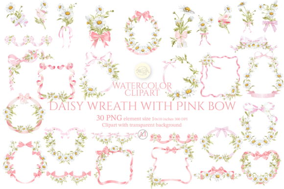 Download Daisy Wreath with Pink Bow Clipart Set - Wreath Collection