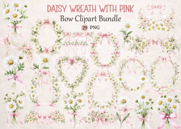 Download Daisy Wreath with Pink Bow Clipart - Wreath Collection