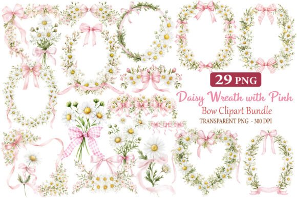 Download Daisy Wreath with Pink Bow Clipart - Wreath Collection